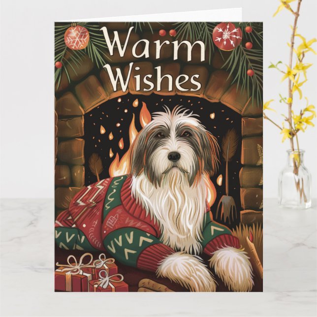 Bearded Collie Christmas Card (Yellow Flower)