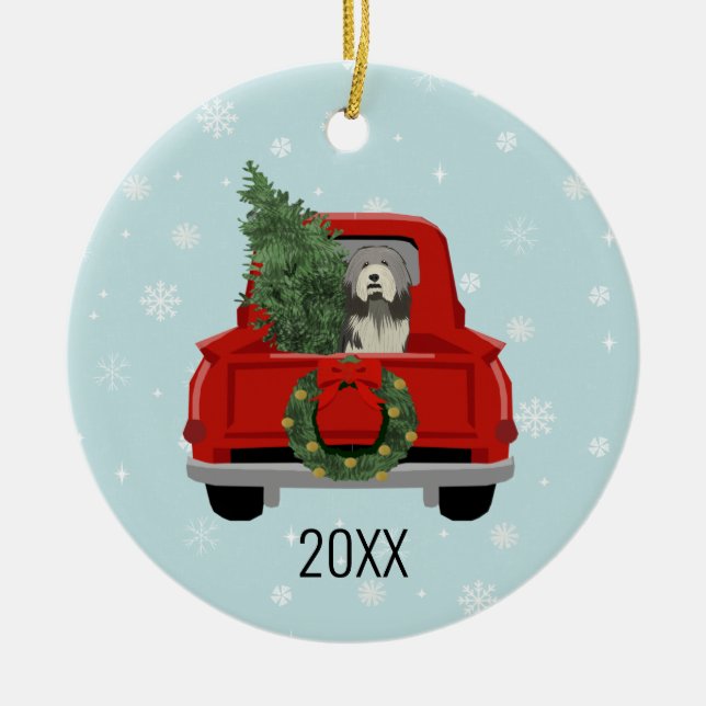 Bearded Collie christmas red truck Ceramic Ornament (Front)