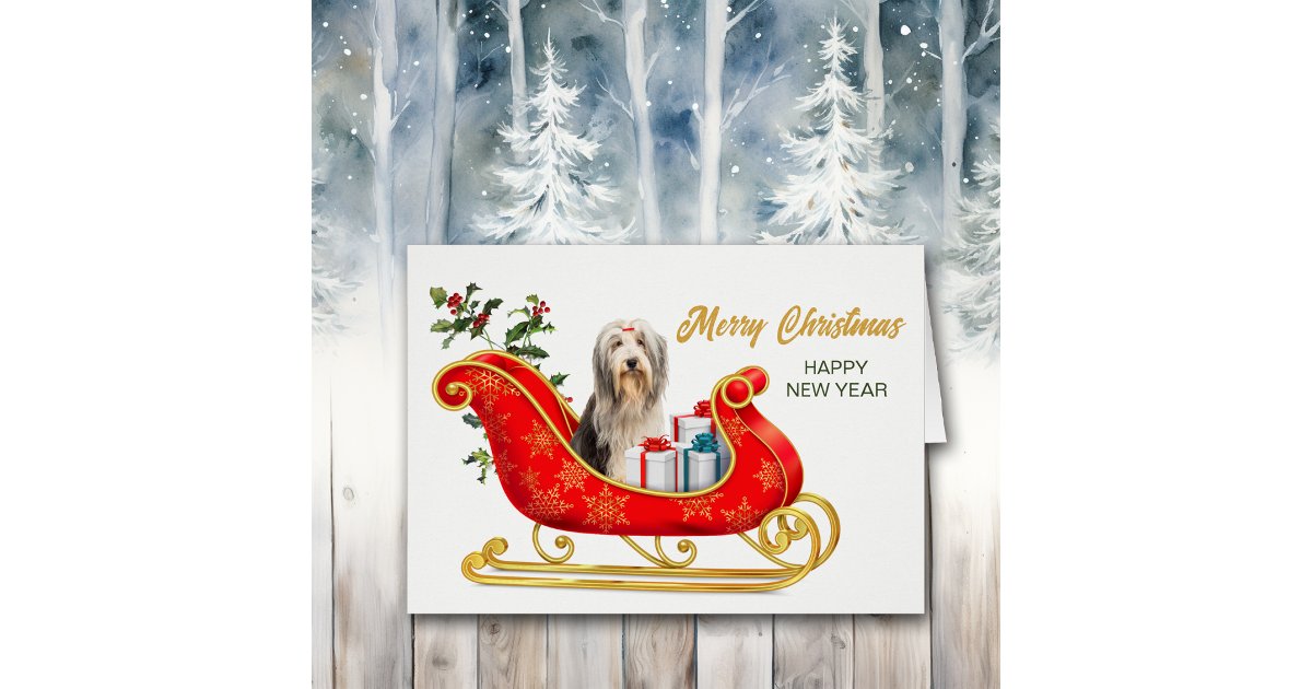 Bearded Collie Dog Christmas Sleigh Card | Zazzle