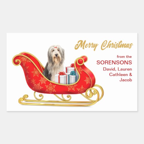Bearded Collie Dog Christmas Sleigh Rectangular Sticker