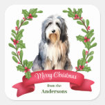 Bearded Collie Dog Holly Banner Christmas Square Sticker