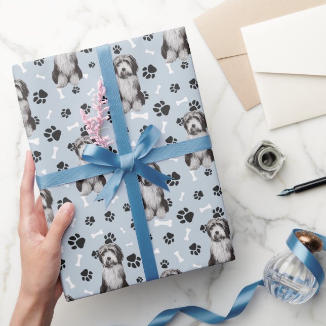 Bearded Collie Dog Paw Print Pattern on Silver Wrapping Paper (Gifting)