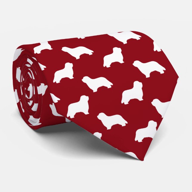 Bearded Collie Dog Silhouettes Pattern Red Tie (Rolled)