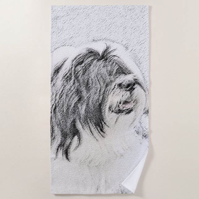 Bearded Collie Drawing - Cute Original Dog Art Beach Towel (Front)