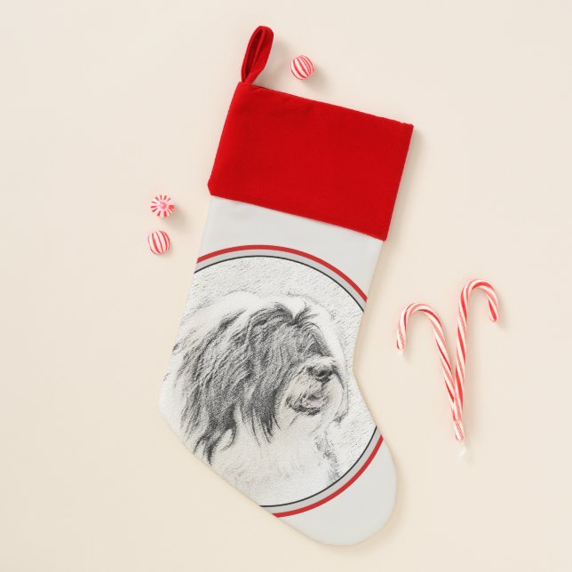 Bearded Collie Drawing - Cute Original Dog Art Christmas Stocking (Front)