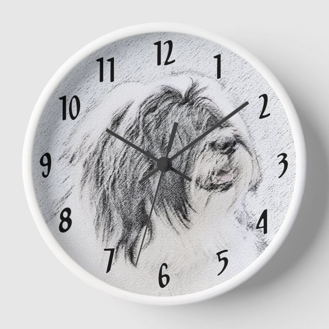 Bearded Collie Drawing - Cute Original Dog Art Clock (Front)
