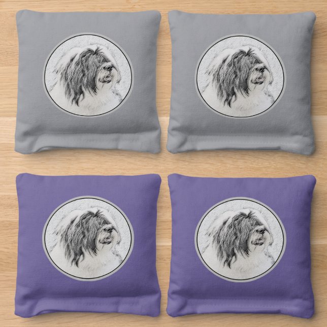 Bearded Collie Drawing - Cute Original Dog Art Cornhole Bags (Wood)