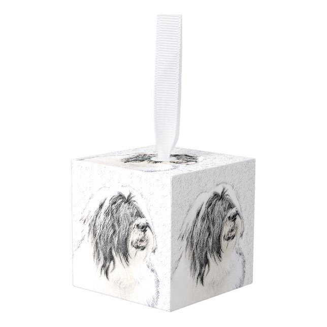 Bearded Collie Drawing - Cute Original Dog Art Cube Ornament (Front Angled)