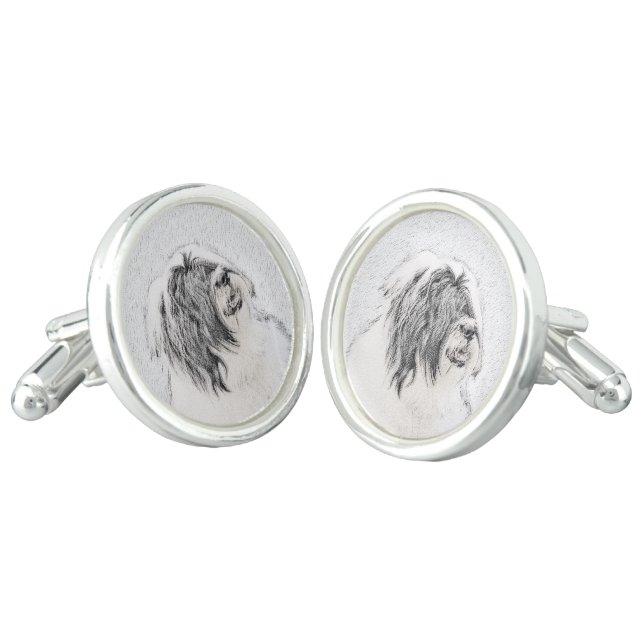 Bearded Collie Drawing - Cute Original Dog Art Cufflinks (Angled)