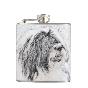 Bearded Collie Drawing - Cute Original Dog Art Flask