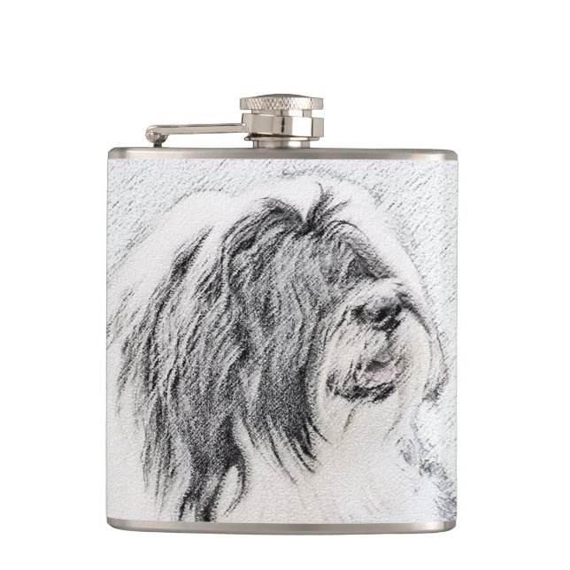 Bearded Collie Drawing - Cute Original Dog Art Flask (Front)