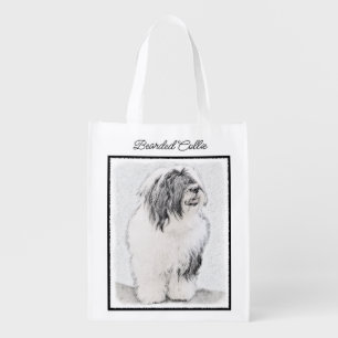 Bearded Collie Drawing - Cute Original Dog Art Grocery Bag