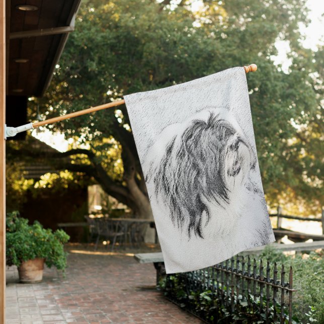 Bearded Collie Drawing - Cute Original Dog Art House Flag (In SItu)