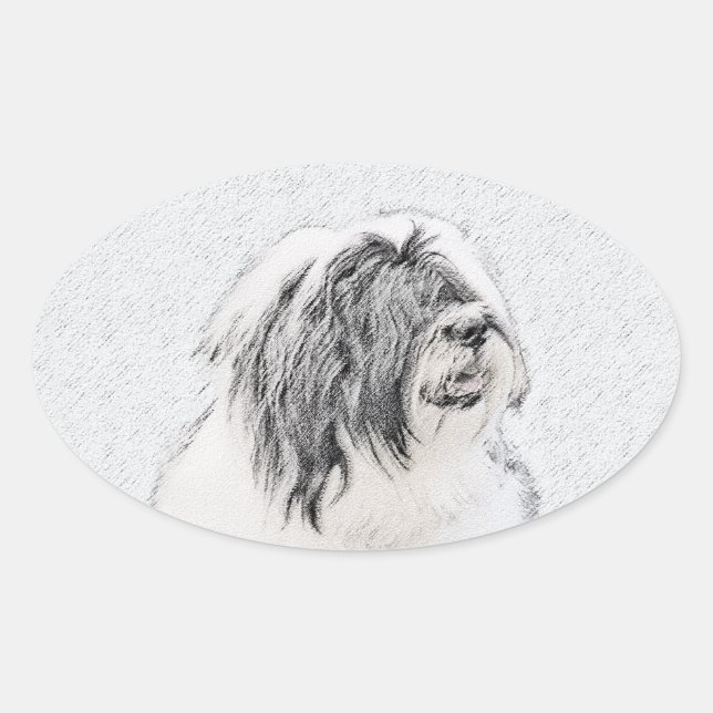 Bearded Collie Drawing - Cute Original Dog Art Oval Sticker (Front)