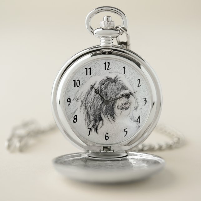 Bearded Collie Drawing - Cute Original Dog Art Pocket Watch (Inside)