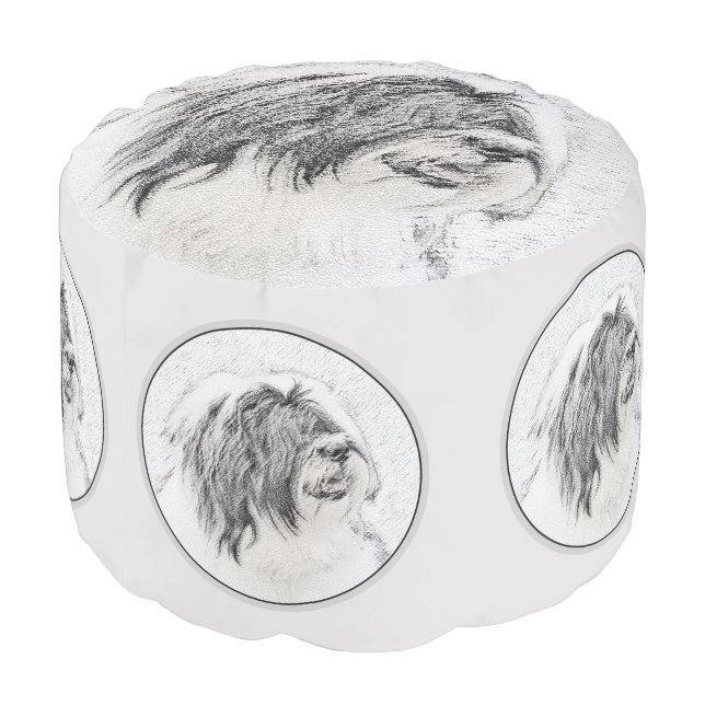 Bearded Collie Drawing - Cute Original Dog Art Pouf (Angled Back)