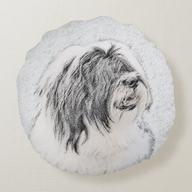 Bearded Collie Drawing - Cute Original Dog Art Round Pillow (Back)