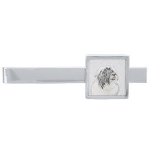 Bearded Collie Drawing - Cute Original Dog Art Silver Finish Tie Bar