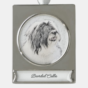 Bearded Collie Drawing - Cute Original Dog Art Silver Plated Banner Ornament