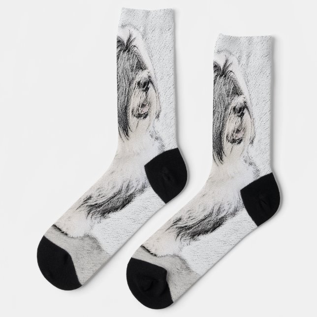 Bearded Collie Drawing - Cute Original Dog Art Socks (Left)