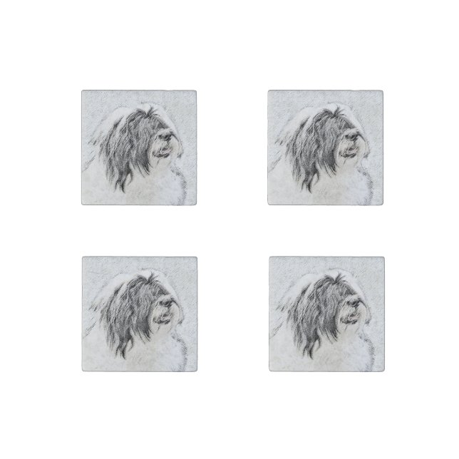 Bearded Collie Drawing - Cute Original Dog Art Stone Magnet (Front)