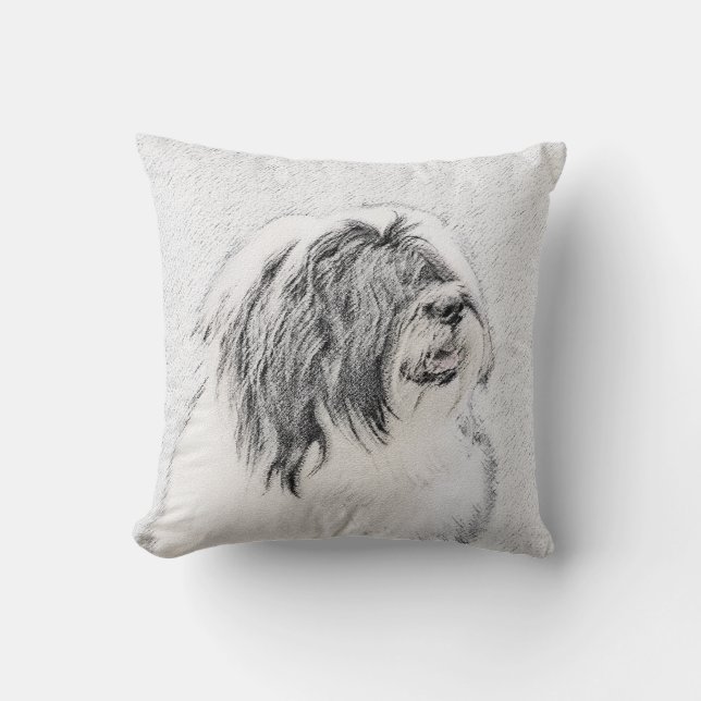 Bearded Collie Drawing - Cute Original Dog Art Throw Pillow (Front)