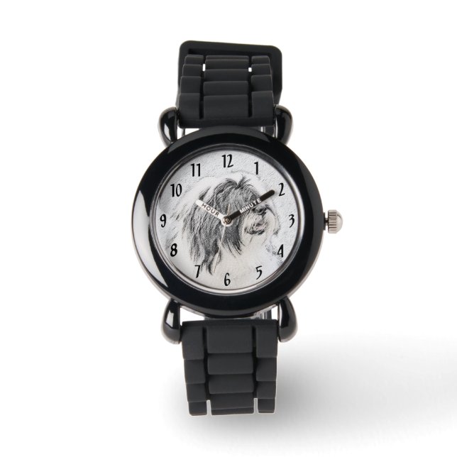 Bearded Collie Drawing - Cute Original Dog Art Watch (Front)