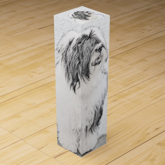 Bearded Collie Drawing - Cute Original Dog Art Wine Box (Front)