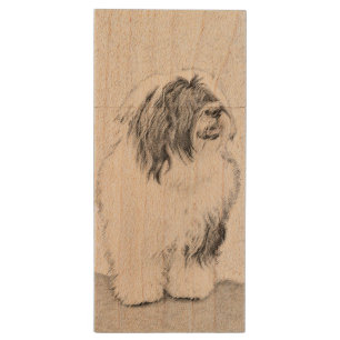 Bearded Collie Drawing - Cute Original Dog Art Wood USB Flash Drive