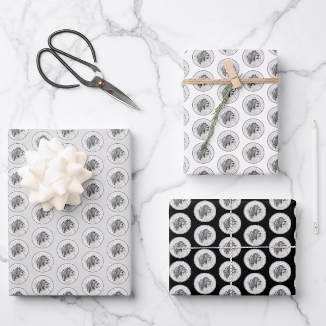 Bearded Collie Drawing - Cute Original Dog Art Wrapping Paper Sheets (Front)