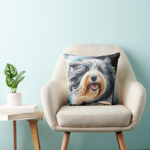 Bearded Collie In Car Window Throw Pillow