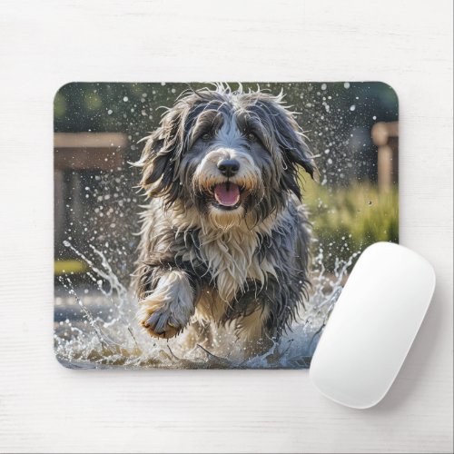 Bearded Collie In Water Puddle Mouse Pad