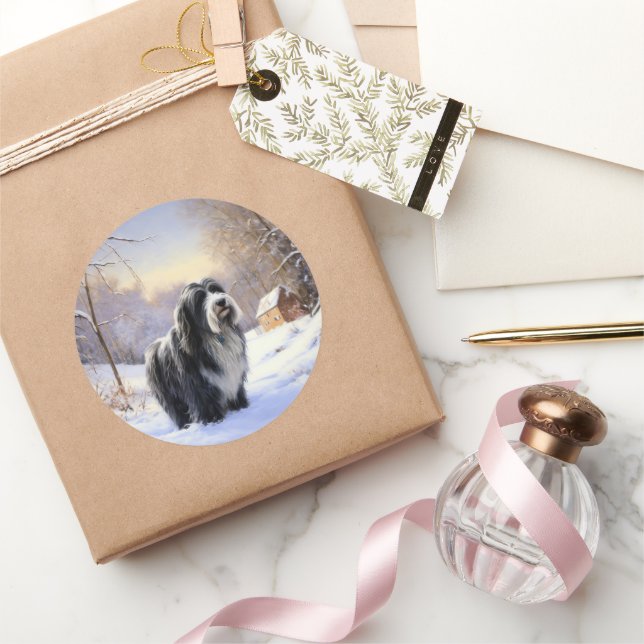 Bearded Collie Let It Snow Christmas  Classic Round Sticker (Gifting)