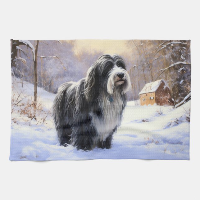 Bearded Collie Let It Snow Christmas  Kitchen Towel (Horizontal)