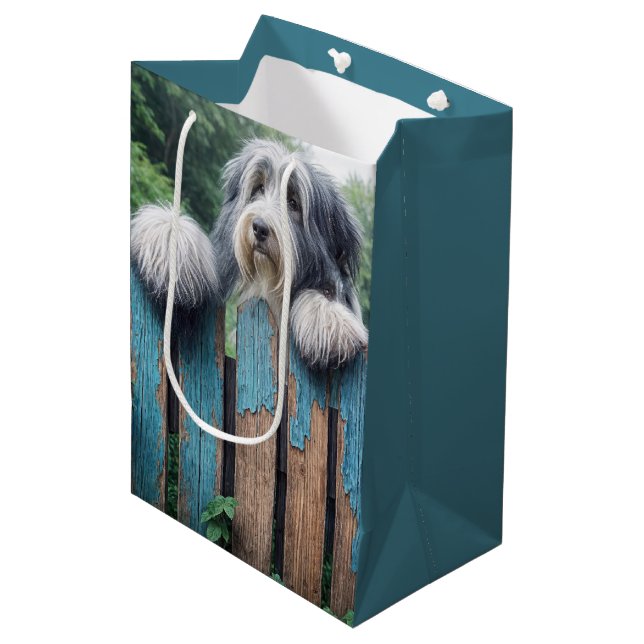 Bearded Collie On Rustic Fence Birthday Medium Gift Bag (Front Angled)