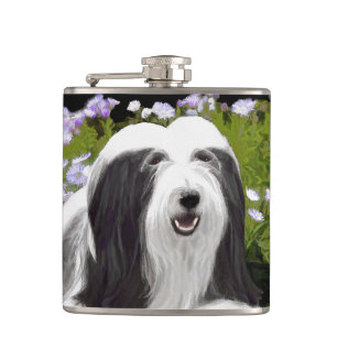 Bearded Collie Painting - Cute Original Dog Art Flask