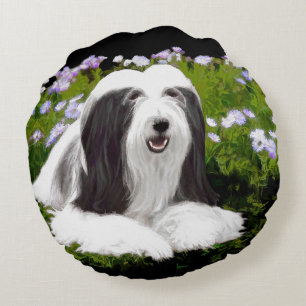 Bearded Collie Painting - Cute Original Dog Art Round Pillow