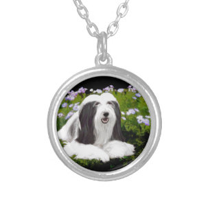 Bearded Collie Painting - Cute Original Dog Art Silver Plated Necklace