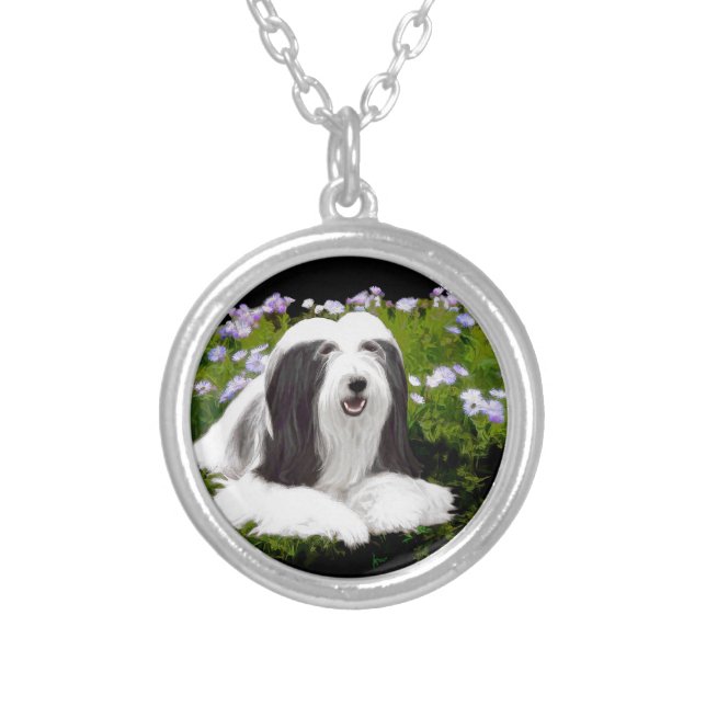 Bearded Collie Painting - Cute Original Dog Art Silver Plated Necklace (Front)
