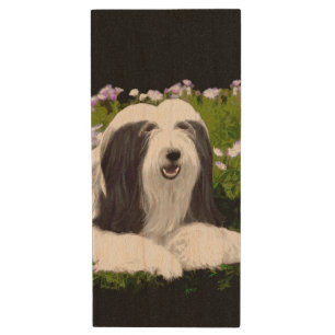 Bearded Collie Painting - Cute Original Dog Art Wood USB Flash Drive