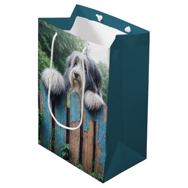Bearded Collie Peeking Over a Fence Medium Gift Bag (Front Angled)