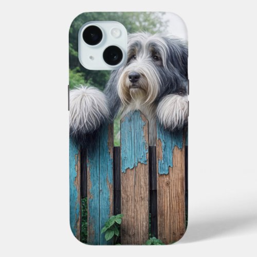 Bearded Collie Peeking Over Old Fence iPhone 15 Case
