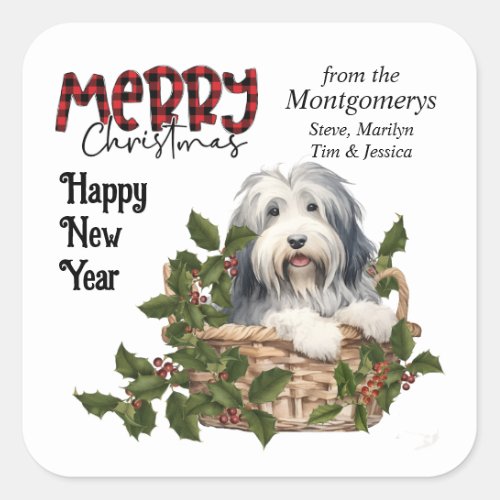 Bearded Collie Puppy Holly Basket Christmas Square Sticker