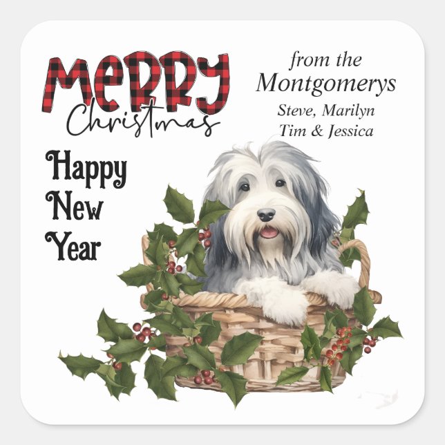 Bearded Collie Puppy Holly Basket Christmas Square Sticker (Front)