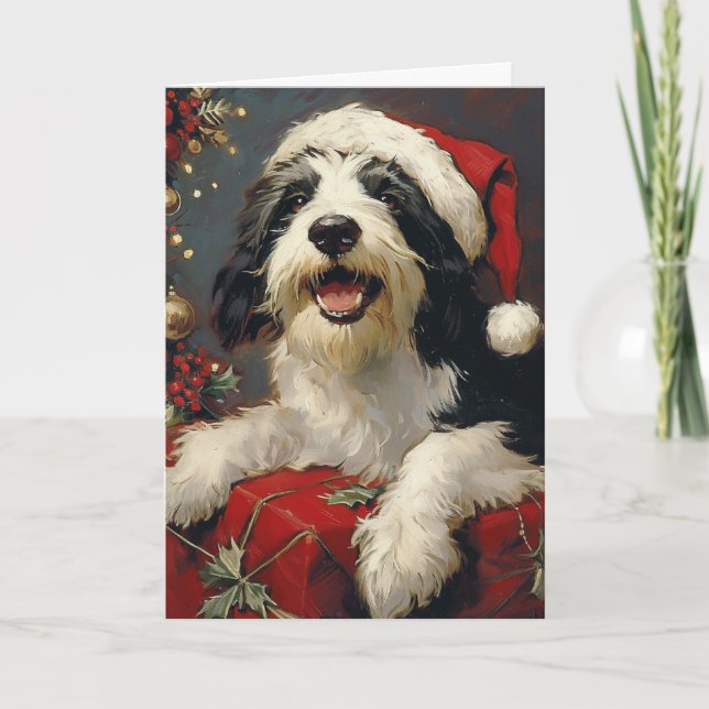 Bearded Collie vintage personalized Christmas Holiday Card (Front)