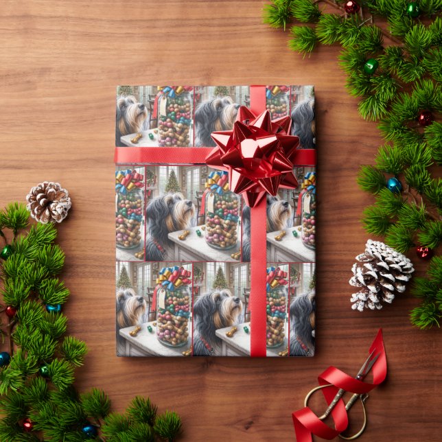 Bearded Collie With Christmas Dog Bones Wrapping Paper (Holiday Gift)