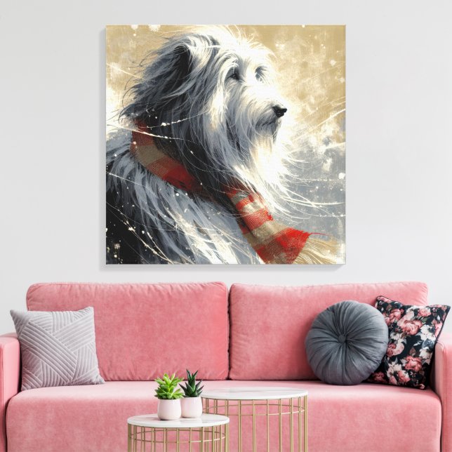 Bearded Collie With Striped Winter Scarf Canvas Print (Insitu(LivingRoom))
