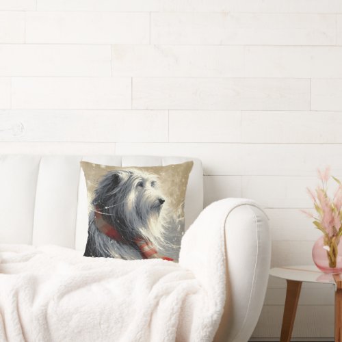 Bearded Collie With Striped Winter Scarf Throw Pillow