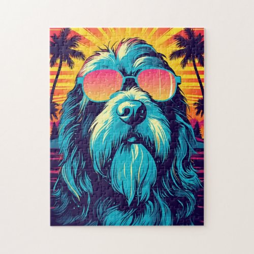 Bearded Collie with sunglasses at the beach Jigsaw Puzzle