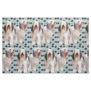Bearded Collies and paw prints fabric